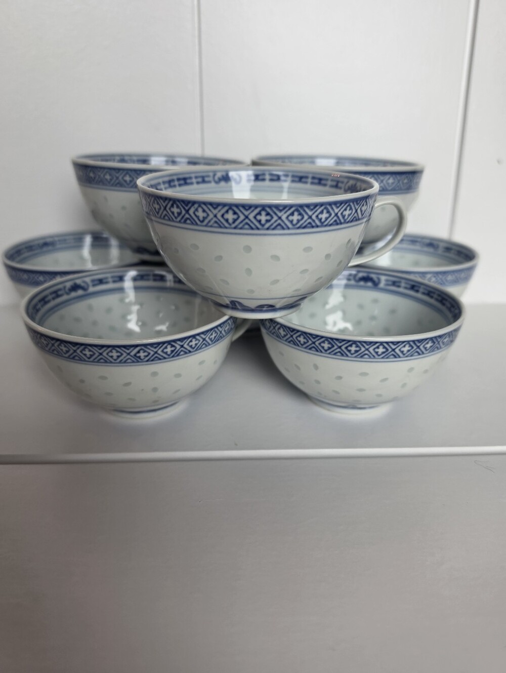 Set of 8 Vintage Blue Chinese Rice Grain Flower Tea Cups